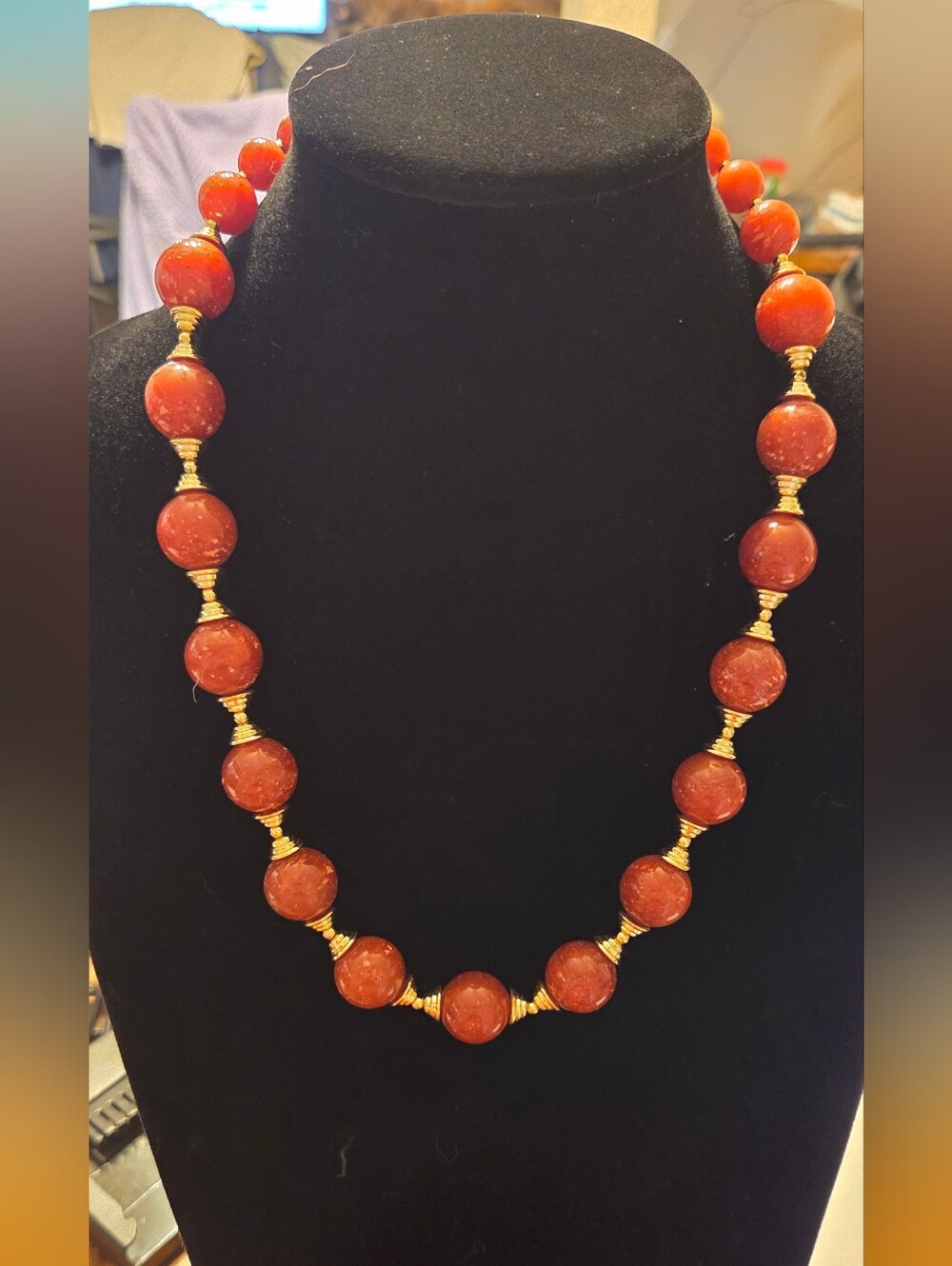 Vintage Lucite Red Bead Necklace with Gold Accents